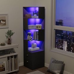 ARTETHYS Corner Shelf with Light 5-Tier Black Storage Cabinet with Drawers Modern Tall Bookshelf