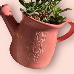 “You Grow Girl” Ceramic Peach Watering Can Filled With Succulents