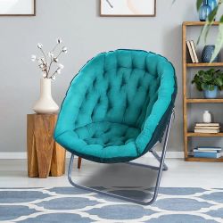 Saucer Chair, Flocking Fabric Folding Lounge Chair Indoor, Folding Moon Chair Steel Frame with Round Soft Cushion Perfect New On Box 