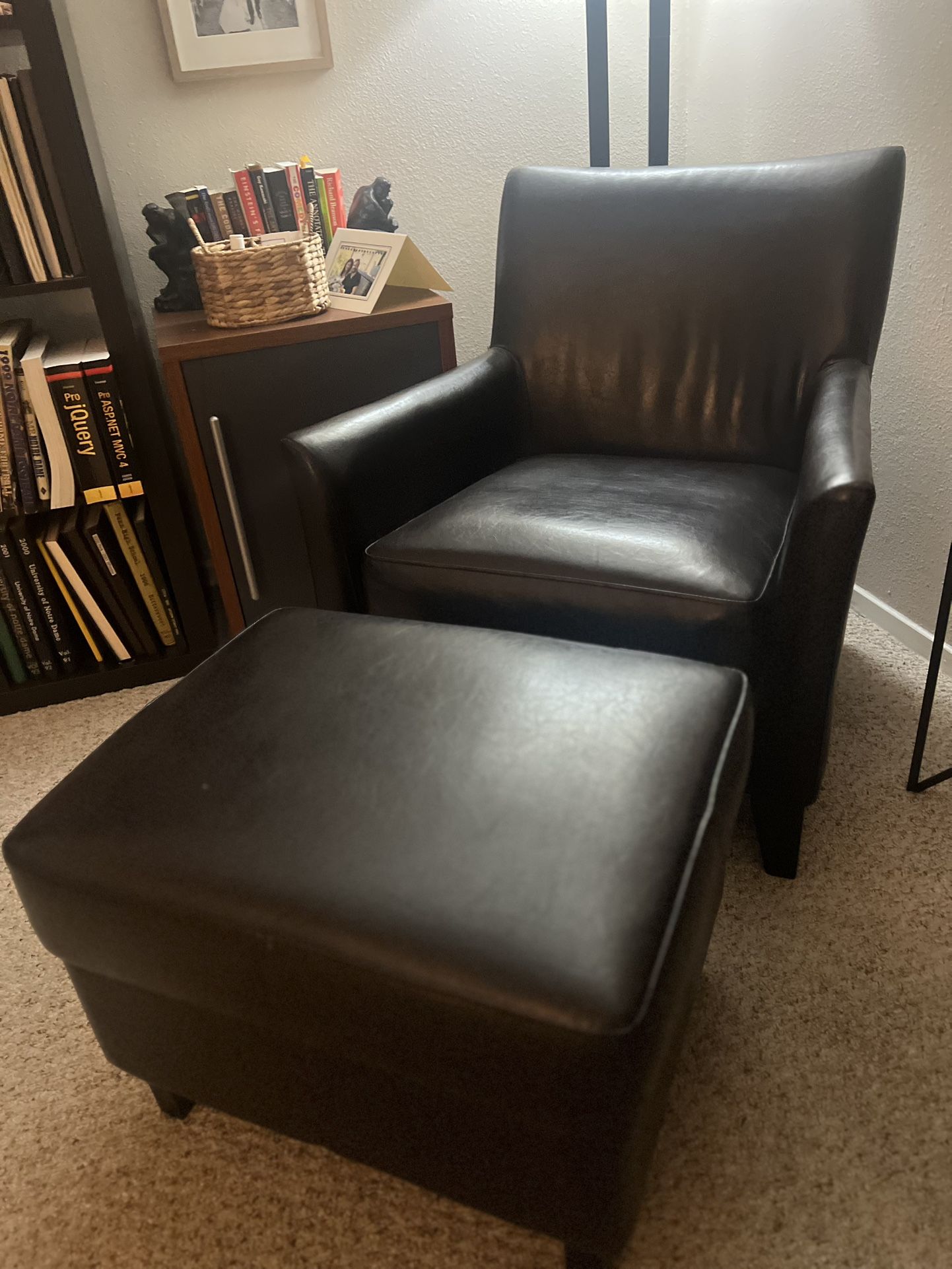 Dark Brown Faux Leather Chair with Ottoman – Grear Condition