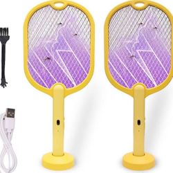 2 Pack Portable Bug Zapper USB Rechargeable 20" Electric Fly Swatter with Stand Base Mosquitoes Trap Lamp 3-Layer Safety Mesh Fly Killer Racket for In
