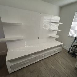 White TV Stand With Mirror Book Shelf