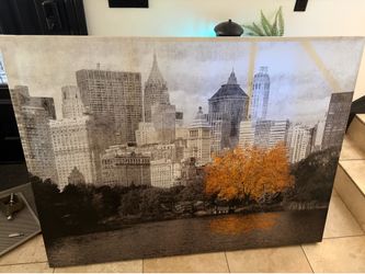 Large Modern Cityscape Canvas Wall Art – NYC Skyline with Autumn Accent