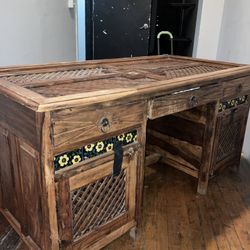 Antique Handcrafted Desk w/ Ceramic Inlays