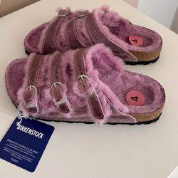 Birkenstock Florida Fresh Shearling Oiled Leather Sandals Pink Size 4 