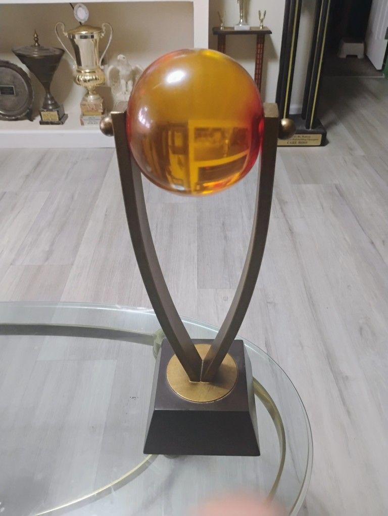 Van Teal Lucite Orb Sculpture: 1970s Space Age Mid-Century Modern Art (Amber) 19" Tall