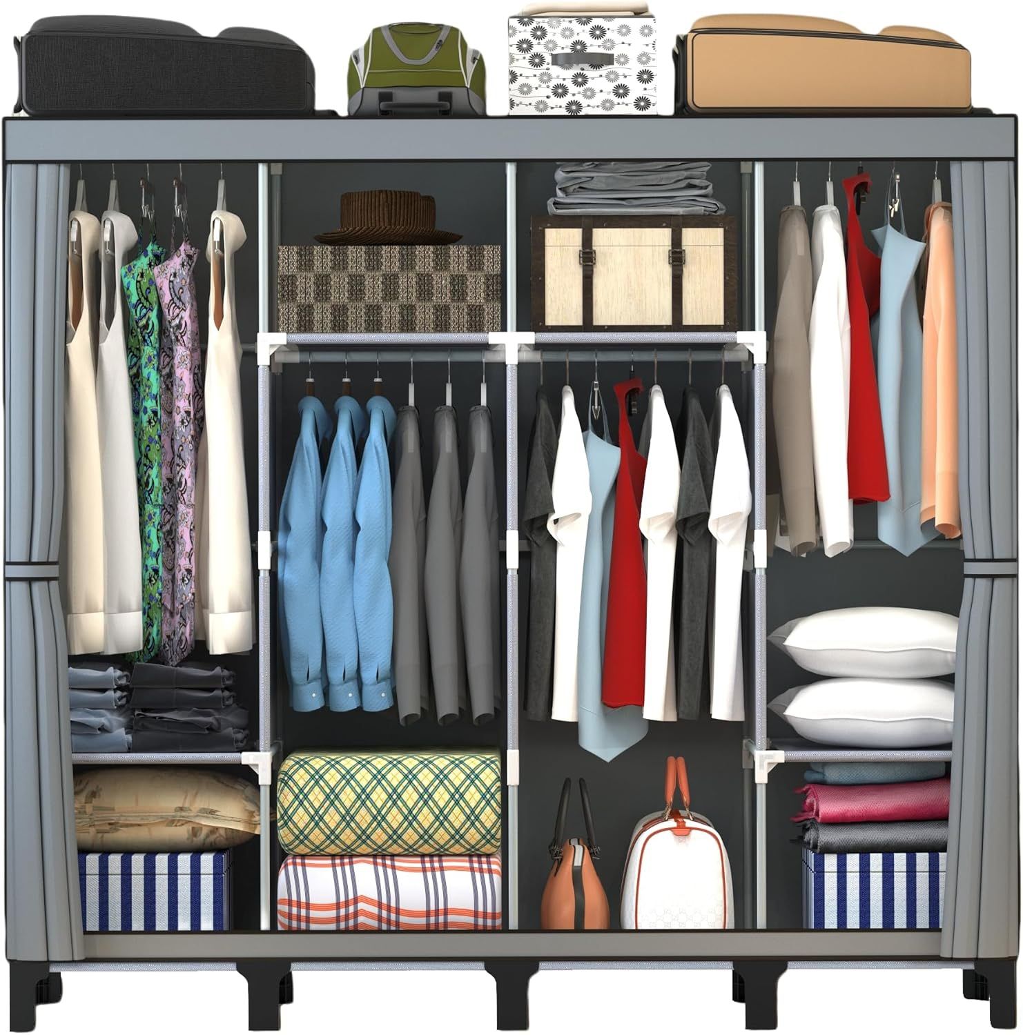 Portable Closet , Width 67inch, Large Capacity, with Cover, 4 Storage Shelves and 4 Hanging Rod Sturdy Free Standing Closet for Bedroom