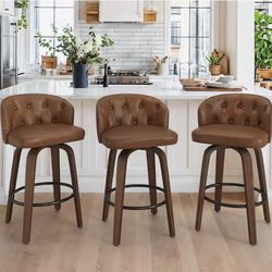 Wev 36 in. Brown Wood Frame Counter Height Bar Stool Faux Leather Upholstered Swivel Bar Stool (Set of 3)