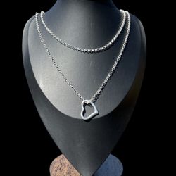 Sterling Silver Rollo Chain w Large Open Heart Pendant 36”