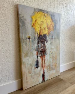 Large Canvas Painting — Woman in Rain w/ Yellow Umbrella | 25x36