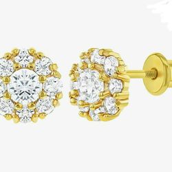 Yellow Gold Plated Clear  Cubic Zirconia Flower Safety Screw Back Earrings for Little Girls 7mm

