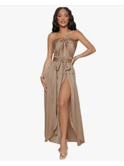 High split satin dress mocha brown