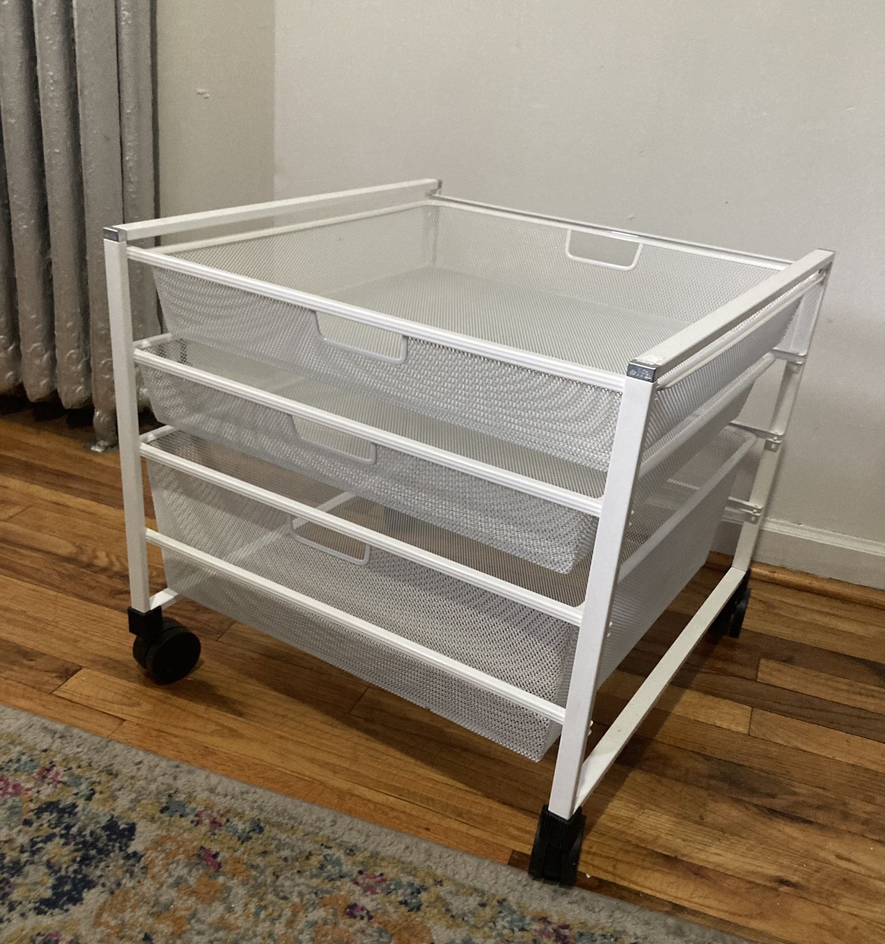 Container Store Elfa White Mesh Rolling Cart with Drawers