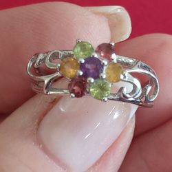 Vtg.sterling Silver FLOWER STONES RING- SZ8