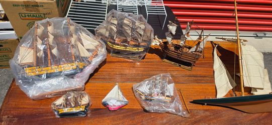 7 Pc Vintage Model Ship Fleet - Wooden Sailboat Tall Ship Nautical Decor Set