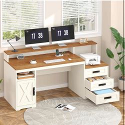 Farmhouse Computer Desk with Drawers and Storage