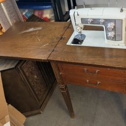 Vintage Dark Wood Drop-Leaf Sewing Machine Table