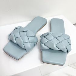 Open Edit Light Blue Faux Leather Flat Sandals - Size: 7 Women’s 