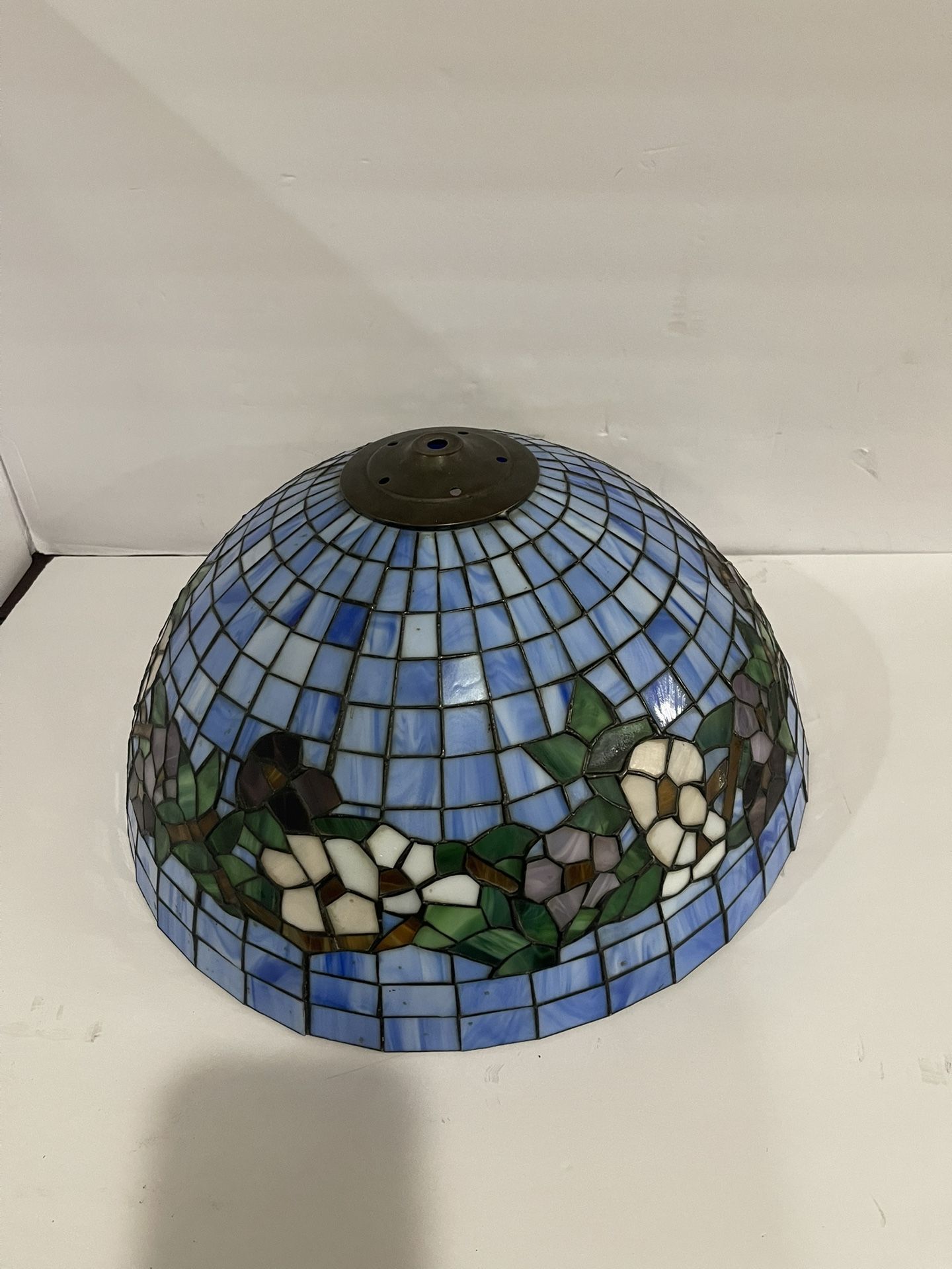 Tiffany Style Shade Stained Glass Blue background Floral Pattern 16.5” D 9” H