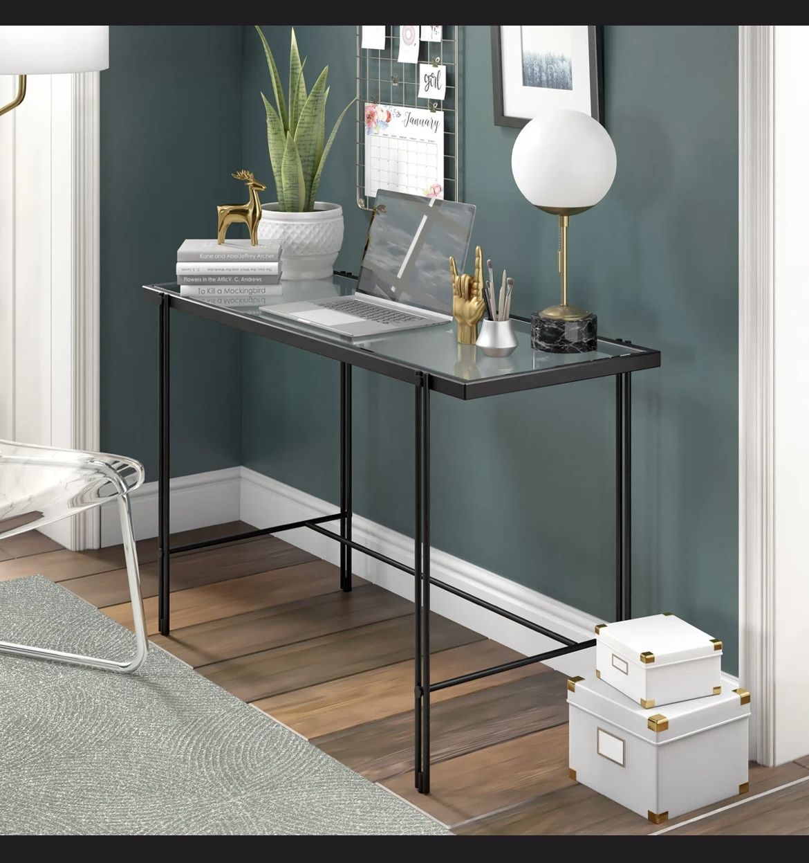 Glass Top Metal Base Writing Desk