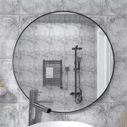 32 in. W x 32 in. H Round Metal Framed Wall Bathroom Vanity Mirror in Black