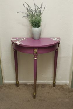 Delivery available! Custom hand painted refinished magenta magnolias and birds entryway console half moon table Bombay Furniture
