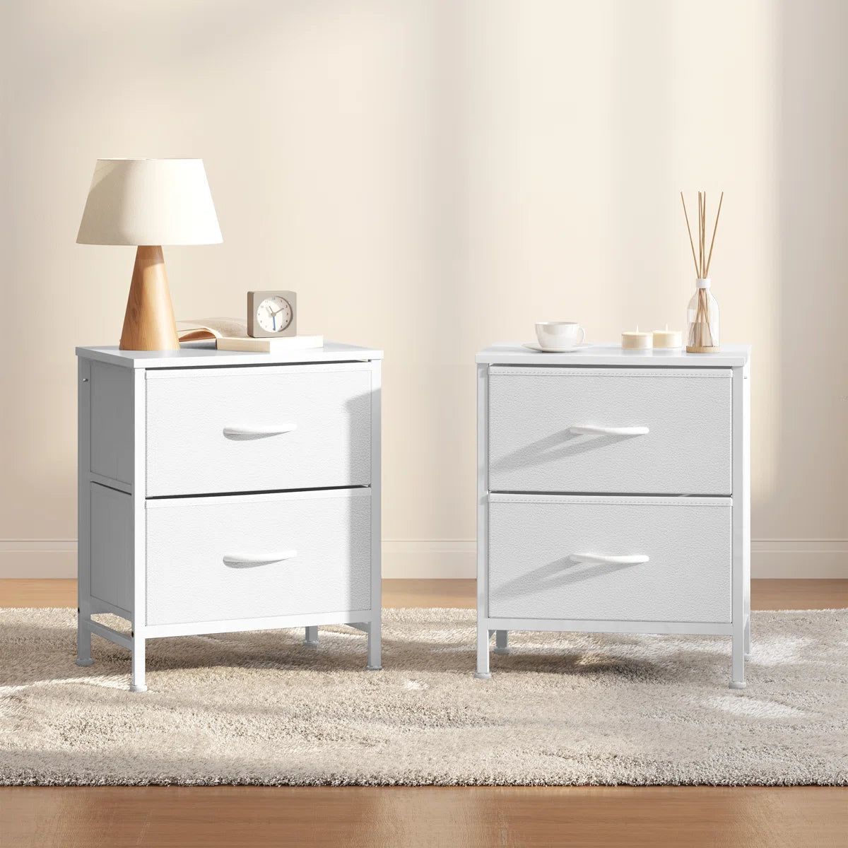 2 Drawer Nightstand Set of 2, Small Dresser with Fabric Storage Bins, Versatile Bedside Table for Bedroom, Living Room, Dorm, or Entryway, Compact End