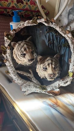 Ebros Albino Bengal White Tiger Couple Playing by Curved Tree Branch Statue, featuring a 3D forest hollow frame made of resin