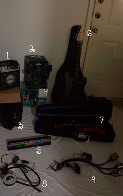 Guitar, violin, karaoke, speakers, lights