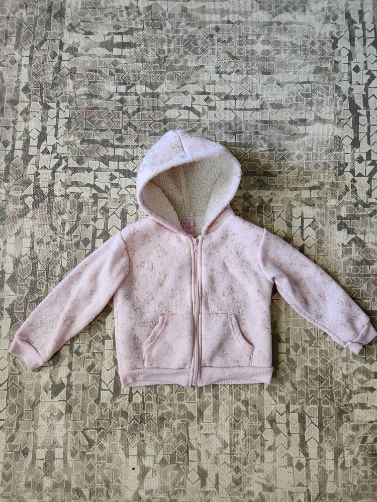 Real Love Girl's 3T Pink Fleece Lined Hooded Zip-up Jacket with a shiny unicorn print