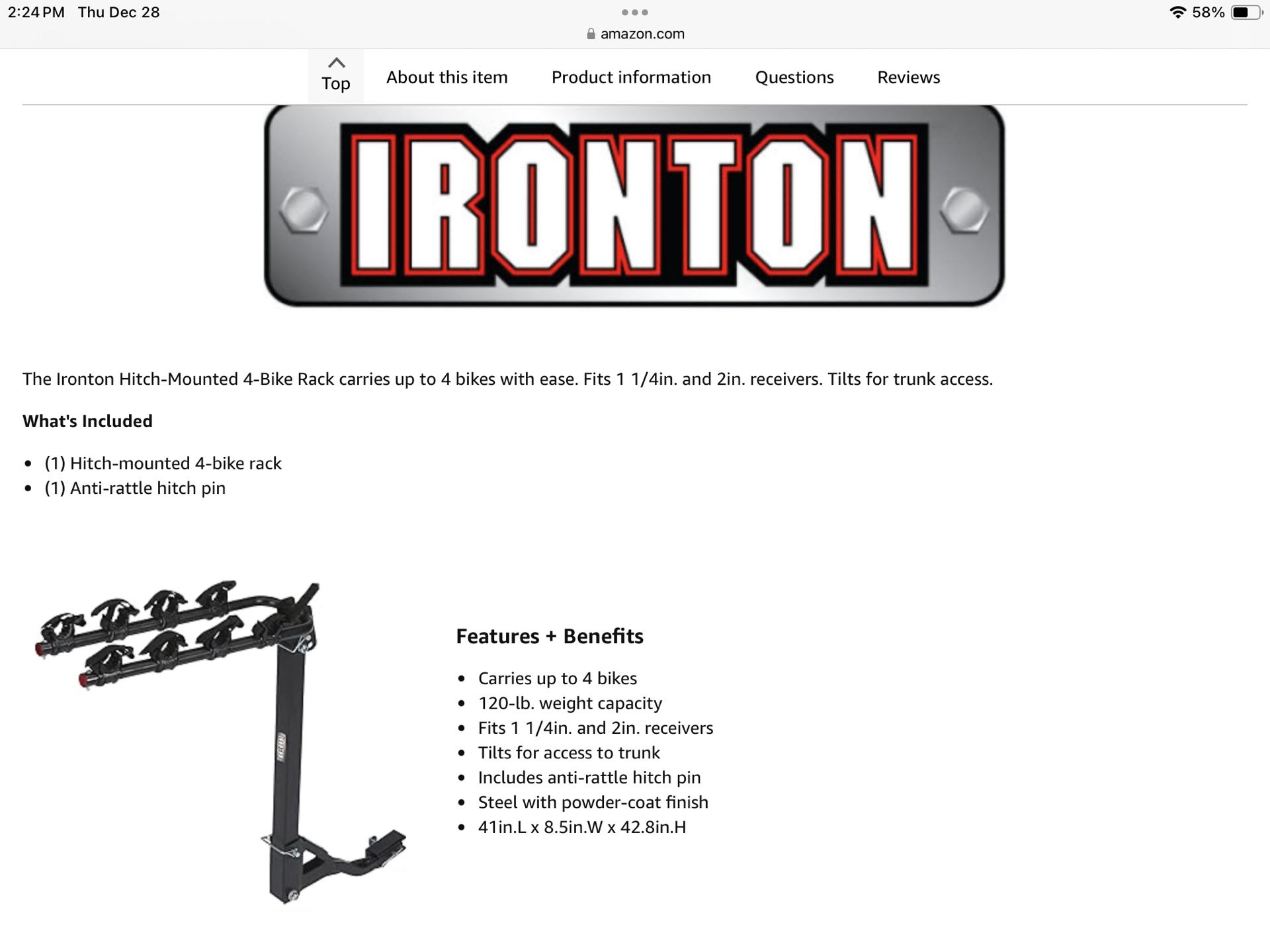 Bike Rack for 2-4 Bikes by Ironton still available If add Is Up