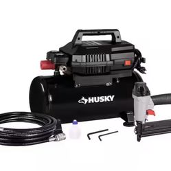 Husky 4 Gal. 175 PSI Electric Oil-Free High Performance Air Compressor with 25 ft. PVC Air Hose and 2-in-1 Brad Nailer/Stapler
