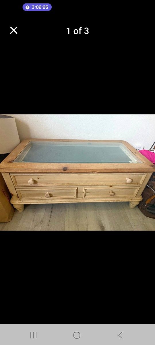 Coffee Table Storage Glass Top Shadow Box Display Case Farmhouse Style