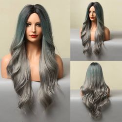 Long Wavy Synthetic Wig 24 Inch Ombre Green Brown Wigs for Women Middle Part Wig with Dark Roots Natural Looking Hair for Party Daily Use(Ombre Green 