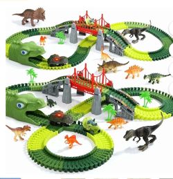 Dinosaur Track Vehicle Playset for Kids – 225 Pcs Flexible Race Tracks, 1 Electric Dino Car with Light, 8 Dino Figures, Dinosaur Tunnel Gift for Ages 