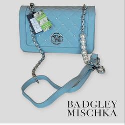 Badgley Mischka Crossbody Bag | Vegan Leather | Light Blue | Pearls