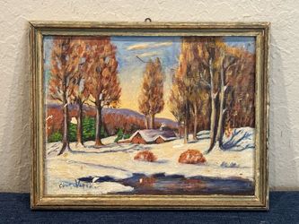 Antique 1945 Mountain Lake Homestead Oil Painting signed "Clara Vogel"