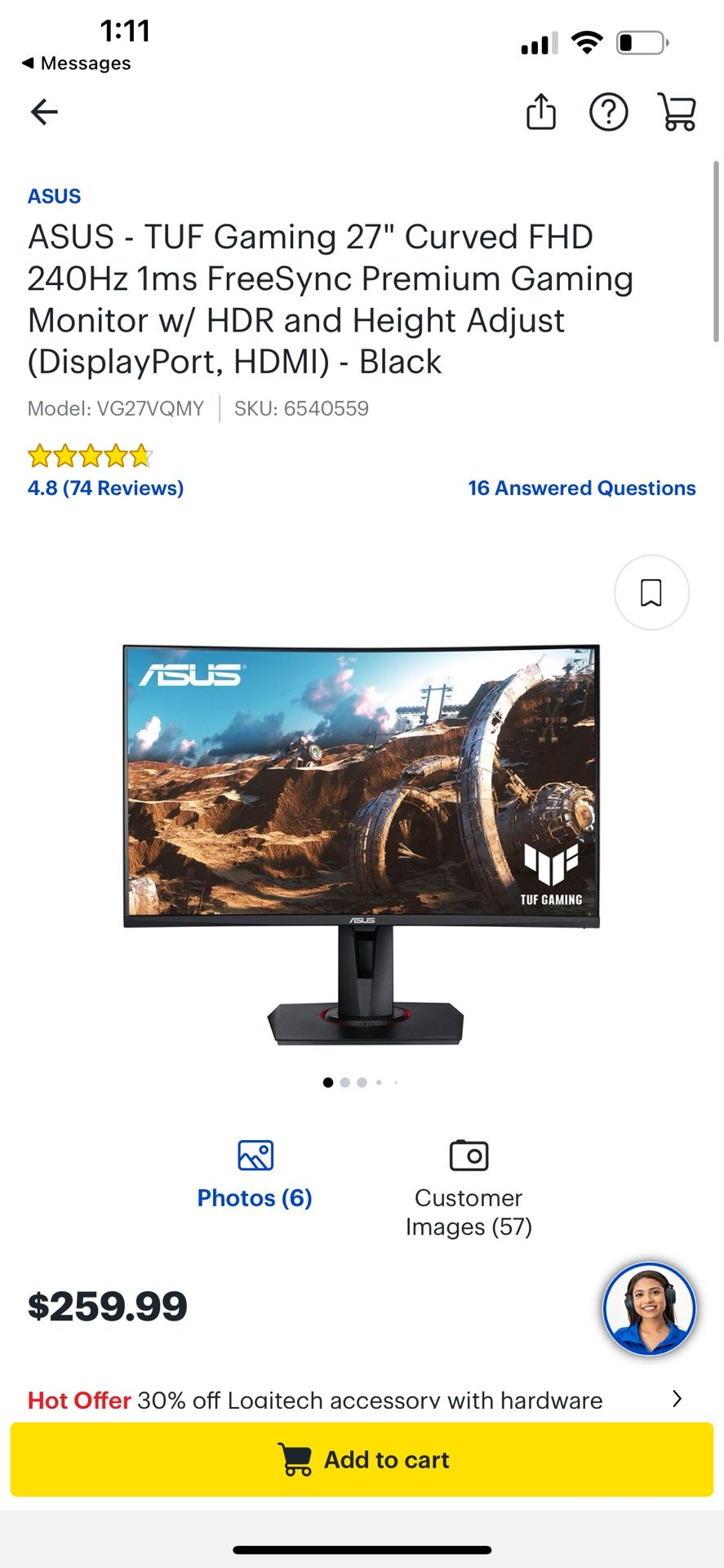 ASUS - TUF Gaming 27" Curved FHD 240Hz 1ms FreeSync Premium Gaming Monitor w/ HDR and Height Adjust (DisplayPort, HDMI) - Black