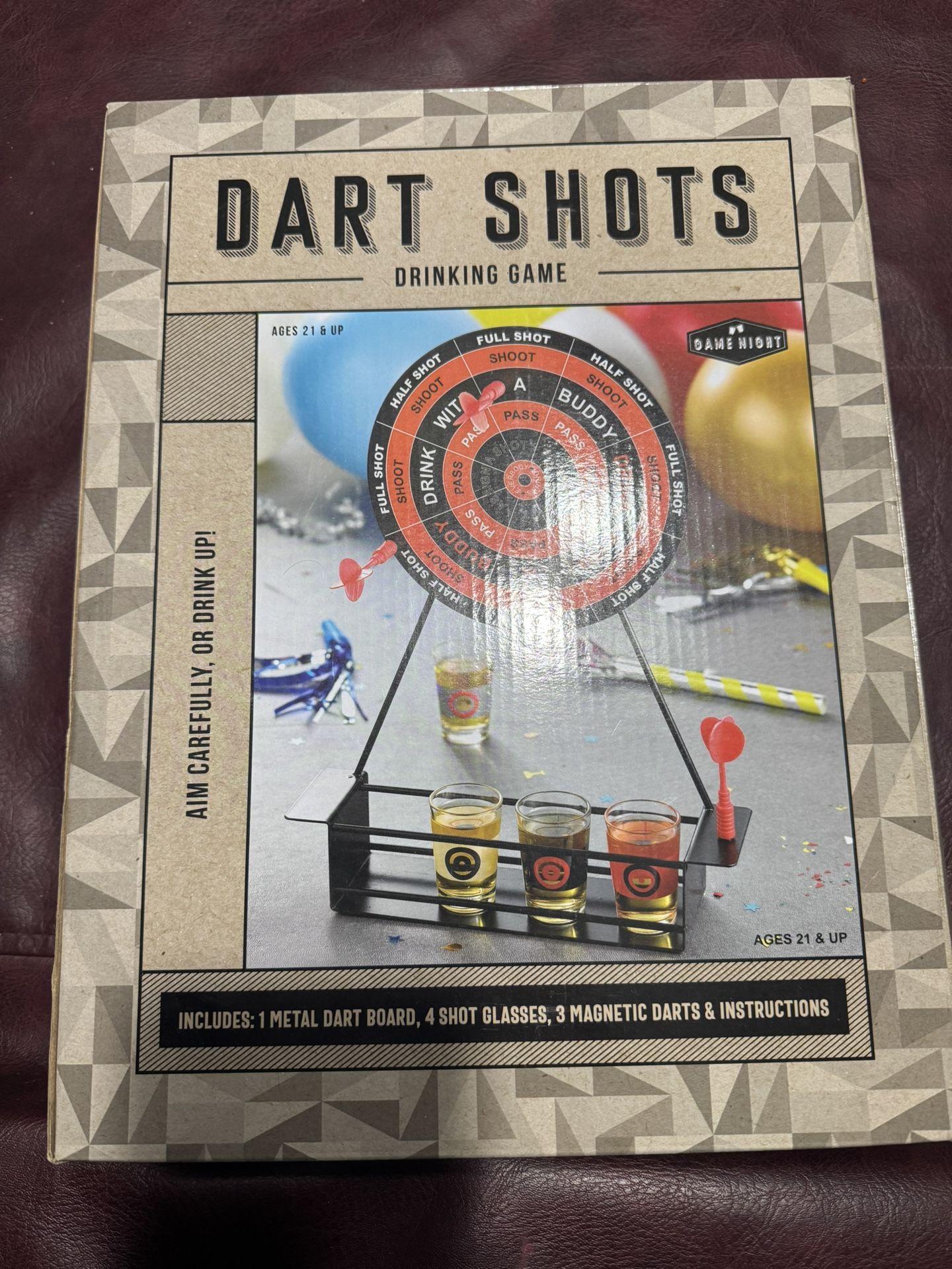 Game Night Shot Glass Dart Set | Adult Drinking Game with Tabletop Dart Board, 4 Plastic Magnetic Darts & 4 Durable Shot Glasses