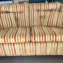 Vintage Retro, Orange Mustard And Light Yellow Striped Couch In Good Condition