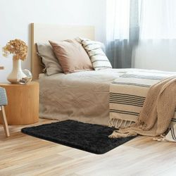 2x4 ft Fluffy BLACK Soft Area Rug for Bedroom