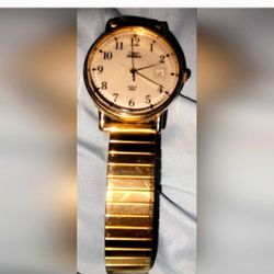 Timex Easy Reader Watch Men Indiglo 35mm Gold Tone Date Stretch Band