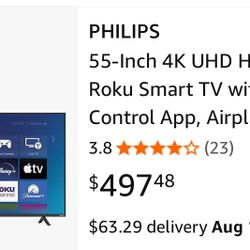 Nearly New 55” Philips Roku TV $200 OBO