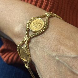 14k & 22k Gold Bola Mexican Three Coin Charms Bracelet 8 Inches