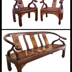 Solid Wood Asian Horseshoe Bench and Chair Set