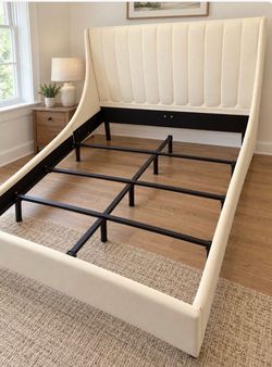 Queen Size Cream Upholstered Bed Frame with Wingback Headboard