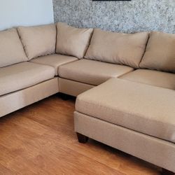 Beige Sectional Couch Sofa With Ottoman Reversable Cushion Covers Removable And Machine Washable