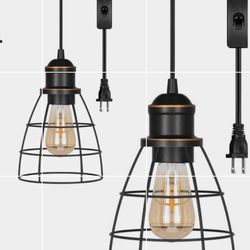 Set of 2 Plug in Pendant Light, Black Farmhouse Cage 