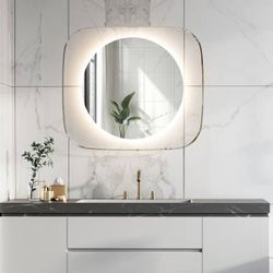 Round Led Bathroom Mirror with Novelty Square Clear Glass Frame 3Color - 32x28inch
