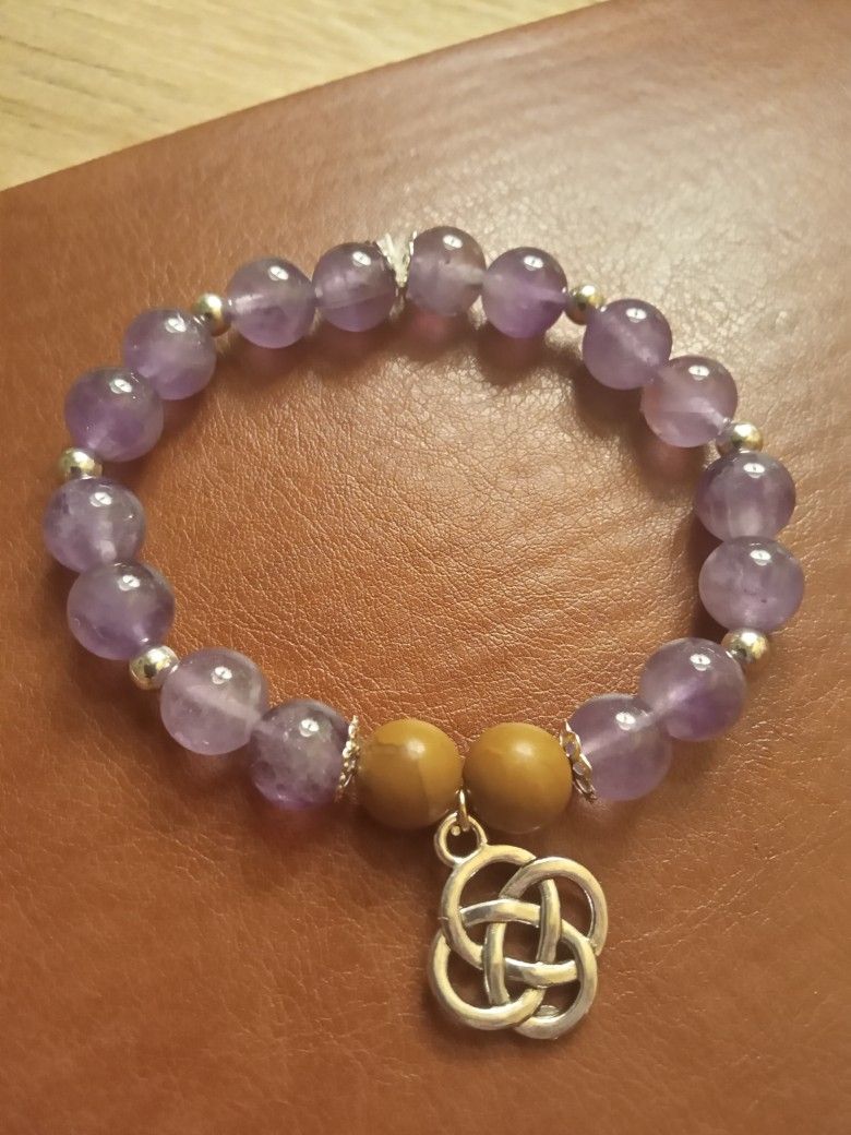 Amethyst Jasper Wood Stone Bead Bracelet 